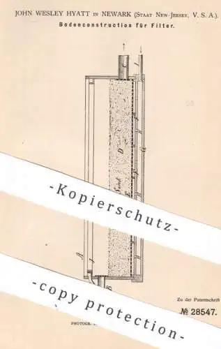 original Patent - John Wesley Hyatt , Newark , New Jersey , USA , 1884 , Bodenkonstruktion für Filter | Wasserfilter