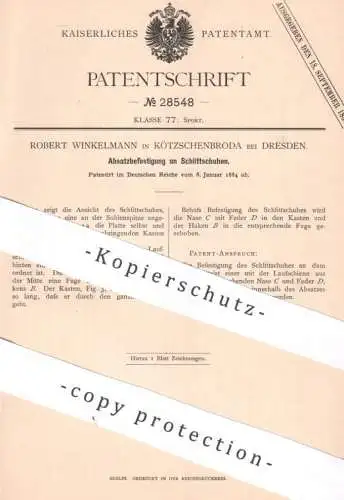 original Patent - Robert Winkelmann , Kötzschenbroda , Dresden 1884 , Absatzbefestigung am Schlittschuh | Schlittschuhe