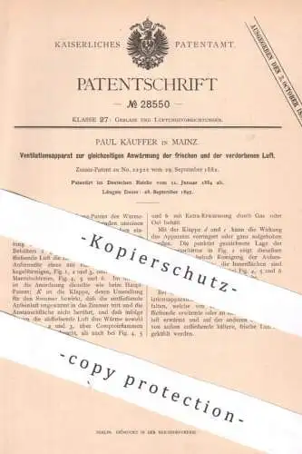 original Patent - Paul Käuffer , Mainz , 1884 , Ventilationsapparat | Ventilation , Ventilator , Gebläse , Lüftung !!!