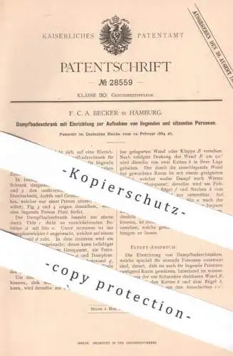 original Patent - F. C. A. Becker , Hamburg , 1884 , Dampfbadeschrank | Dampfbad , Sauna , Dampfentwickler , Ofen , Bad