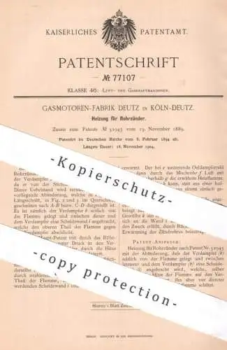 original Patent - Gasmotoren Fabrik Deutz , Köln / Deutz | 1894 | Heizung für Rohrzünder | Gasmotor | Gas Motor Zündung