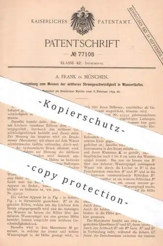 original Patent - A. Frank , München , 1894 , Stromgeschwindigkeit in Wasserlauf messen | Manometer , Wasser Wasserkraft