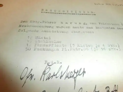 Volkssturm - Bescheinigung , Endkampf 5. April 1945 , Stahlhelmw , Panzerfäuste , Mäntel , Ausweis  !!!