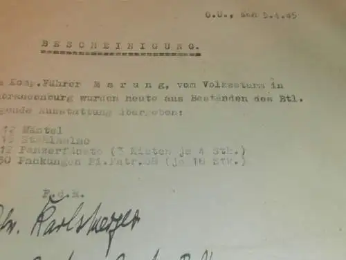 Volkssturm - Bescheinigung , Endkampf 5. April 1945 , Stahlhelmw , Panzerfäuste , Mäntel , Ausweis  !!!