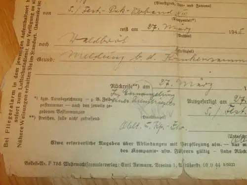 Sonderausweis , Endkampf März/ April 1945 , Ausweis Luftwaffe Festung PAK Waldbröl , Jerichow !!!