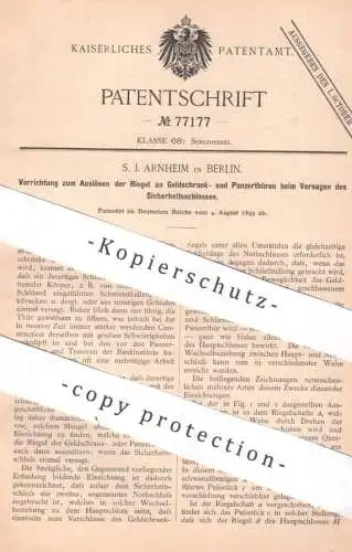 original Patent - S. J. Arnheim , Berlin | 1893 | Auslösen der Riegel an Geldschrank- u. Panzertüren | Tresor , Schloss