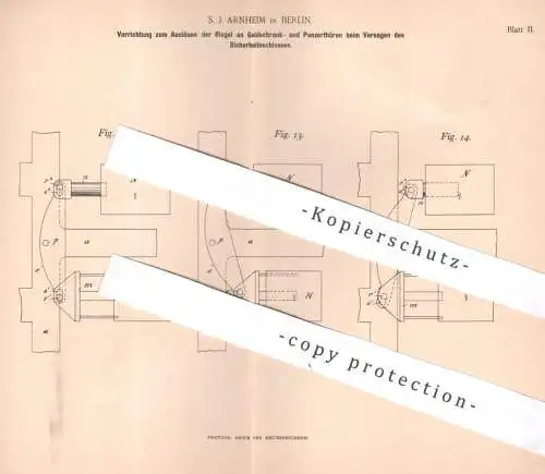 original Patent - S. J. Arnheim , Berlin | 1893 | Auslösen der Riegel an Geldschrank- u. Panzertüren | Tresor , Schloss