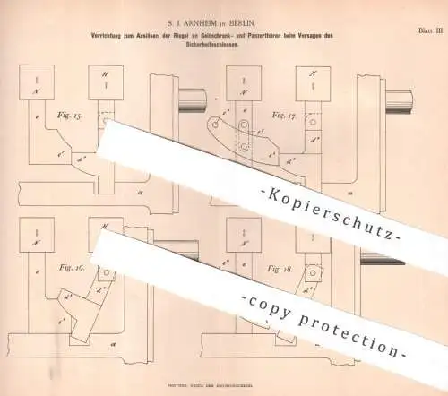 original Patent - S. J. Arnheim , Berlin | 1893 | Auslösen der Riegel an Geldschrank- u. Panzertüren | Tresor , Schloss