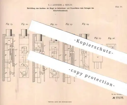 original Patent - S. J. Arnheim , Berlin | 1893 | Auslösen der Riegel an Geldschrank- u. Panzertüren | Tresor , Schloss