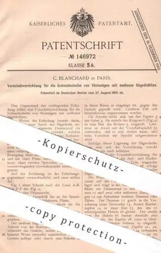 original Patent - C. Blanchard , Paris , Frankreich , 1902 , Vorschub f. Schneidscheibe von Steinsäge | Stein Säge Sägen