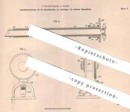 original Patent - C. Blanchard , Paris , Frankreich , 1902 , Vorschub f. Schneidscheibe von Steinsäge | Stein Säge Sägen