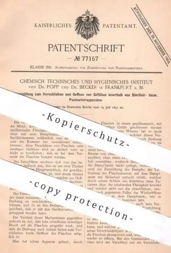 original Patent - Chemisch Technisches & Hygienisches Institut Dr. Popp & Dr. Becker , Frankfurt Main | 1891 | Flaschen