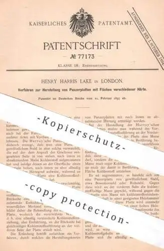 original Patent - Henry Harris Lake , London , England , 1893 , Herst. von Panzerplatten | Eisen , Stahl | Harvey !!