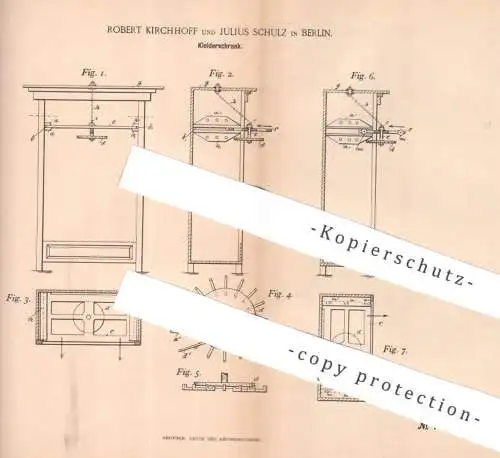 original Patent - Robert Kirchhoff , Julius Schulz , Berlin , 1893 , Kleiderschrank | Schrank , Möbel , Kommode !!