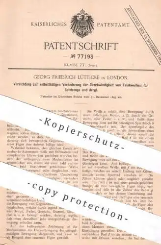 original Patent - Georg Friedrich Lütticke , London England , 1893 , Änderung der Geschwindigkeit am Spielzeug Triebwerk