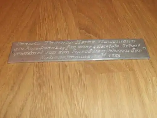 Plakette 1963 - für Speedway Nationaltrainer Heinz Hausmann , Güstrow , ADMV , DDR , Motorsport , Rennsport !!