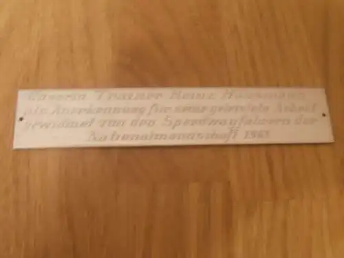 Plakette 1963 - für Speedway Nationaltrainer Heinz Hausmann , Güstrow , ADMV , DDR , Motorsport , Rennsport !!