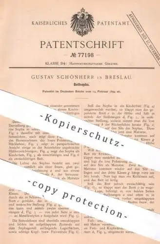 original Patent - Gustav Schönherr , Breslau , 1894 , Bettsopha | Bett , Sofa , Möbel , Couch , Polsterei , Polstercouch