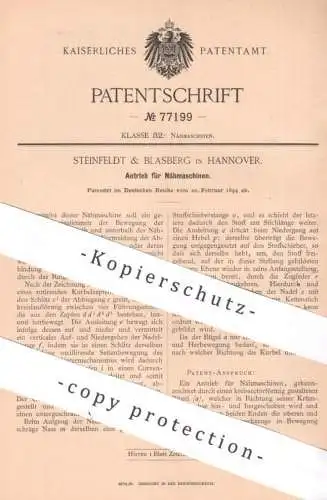 original Patent - Steinfeldt & Blasberg , Hannover , 1894 , Antrieb für Nähmaschinen | Nähmaschine , Schneiderei , Nähen