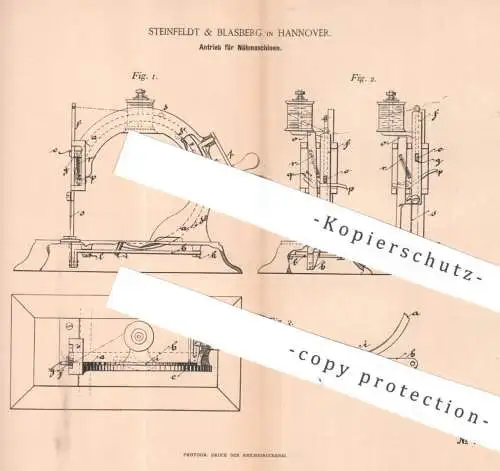 original Patent - Steinfeldt & Blasberg , Hannover , 1894 , Antrieb für Nähmaschinen | Nähmaschine , Schneiderei , Nähen