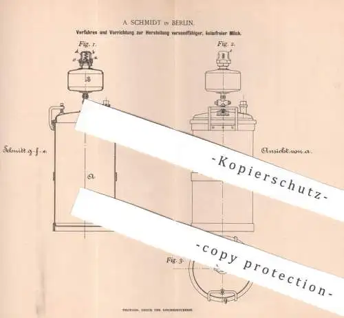 original Patent - A. Schmidt , Berlin , 1894 , Herstellung versandfähiger & keimfreier Milch | Molke , Molkerei , Bauer