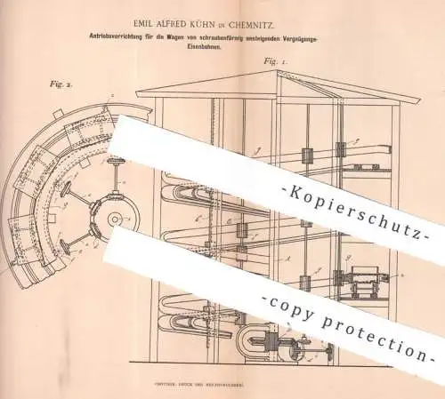 original Patent - Emil Alfred Kühn , Chemnitz , 1895 , Antrieb für die Wagen von Eisenbahn - Karussell | Bahn , Gleis