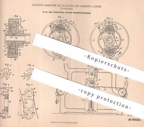original Patent - Société Anonyme de Filatures de Schappe , Lyon Frankreich 1895 , Klemmbackenkupplung für Spinnmaschine