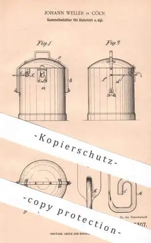 original Patent - Johann Weller , Köln / Rhein , 1903 , Sammelbehälter für Kehricht | Mülleimer , Mülltonne , Müll !!