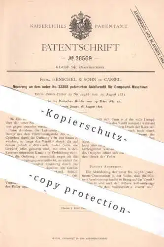 original Patent - Henschel & Sohn , Kassel , 1884 , Anlassventil für Compound - Maschinen | Dampfmaschine , Lokomotive !