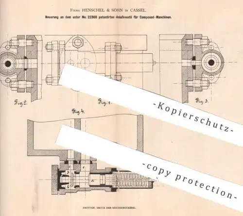 original Patent - Henschel & Sohn , Kassel , 1884 , Anlassventil für Compound - Maschinen | Dampfmaschine , Lokomotive !