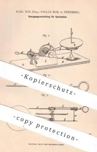 original Patent - Karl Bub / Fa. Paulus Bub , Nürnberg 1884 , Bewegungsvorrichtung für Spielsachen | Spielzeug Modellbau