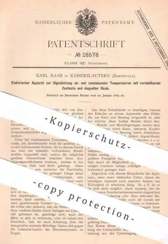 original Patent - Karl Raab , Kaiserslautern , 1884 , Signalisierung von Temperaturen mit Skala | Thermometer , Wärme