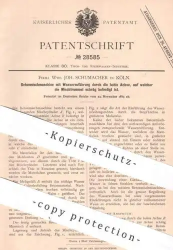 original Patent - Wwe. Joh. Schumacher , Köln / Rhein , 1883 , Betonmischmaschine mit Wasserzuführung | Beton , Zement