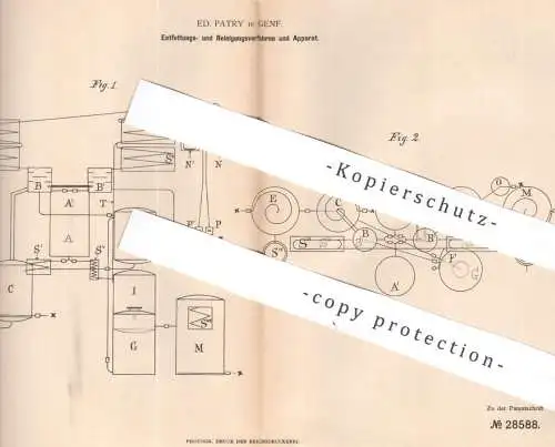 original Patent - Ed. Patry , Genf , Schweiz , 1884 , Verfahren zum Entfetten u. Reinigen | Wolle , Stoff , Öl , Fett !