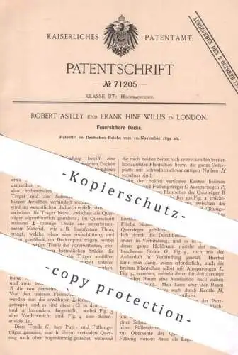 original Patent - Robert Astley , Frank Hine Willis , London , England , 1892 , Feuersichere Decke !!