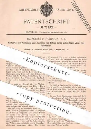 original Patent - Ed. Roesky , Frankfurt / Main , 1891 , Auswalzen von Röhren | Metall , Rohr , Rohre | Walze , Walzen