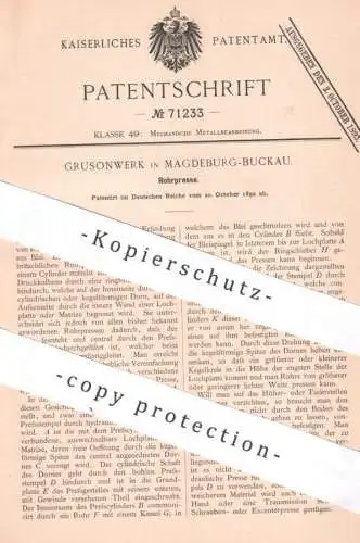 original Patent - Grusonwerk , Magdeburg / Buckau , 1892 , Rohrpresse | Presse , Pressen , Rohr , Rohre | Bleipresse