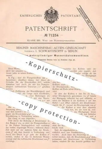 original Patent - Berliner Maschinenbau AG , vormals Schwartzkopff , Berlin , 1892 , Steuerung v. Wassersäulenmaschinen