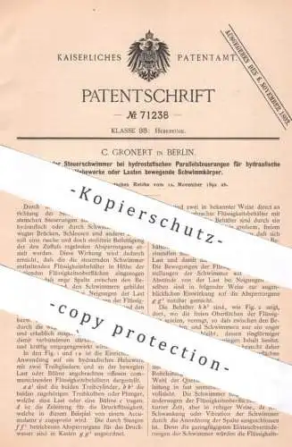 original Patent - C. Gronert , Berlin , 1892 , Steuerschwimmer am hydraulischen Hebewerk | Brücke , Schleuse , Lastenzug