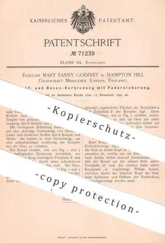 original Patent - Mary Fanny Godfrey , Hampton Hill , Middlesex , London , England | 1892 | Knopf , Knopfloch , Öse