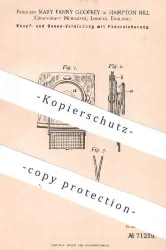 original Patent - Mary Fanny Godfrey , Hampton Hill , Middlesex , London , England | 1892 | Knopf , Knopfloch , Öse