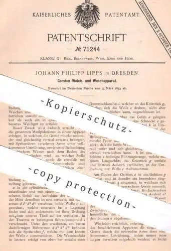 original Patent - Johann Philipp Lipps , Dresden , 1893 , Gersten-Weich- u. Waschapparat | Gerste , Brauerei , Bier