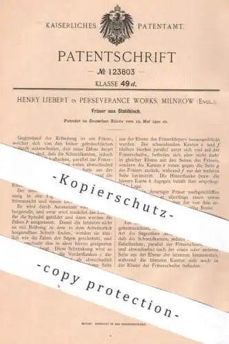 original Patent - Henry Liebert , Perseverance Works , Milnrow , England , 1900 , Fräser aus Stahlblech | Fräse , Säge