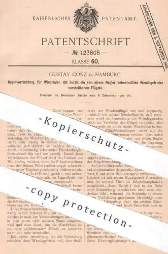 original Patent - Gustav Conz , Hamburg , 1900 , Regelvorrichtung für Windräder | Windrad Windkraft Getriebe Fliehkraft