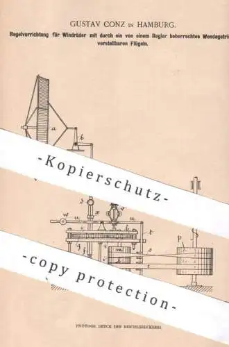 original Patent - Gustav Conz , Hamburg , 1900 , Regelvorrichtung für Windräder | Windrad Windkraft Getriebe Fliehkraft
