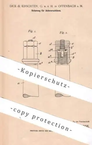 original Patent - Dick & Kirschten GmbH , Offenbach / Main | 1900 | Sicherung für Achsverschluss | Achse , Achsen , Bahn