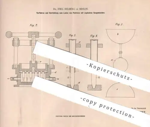 original Patent - Dr. Emil Hilberg , Berlin | 1900 | Laden von Patronen mit explosivem Gasgemisch | Gas , Gase , Waffen