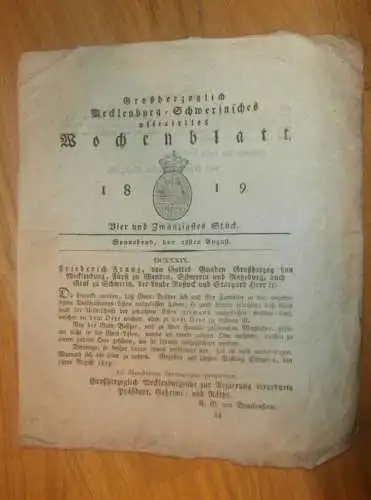 Mecklenburg - Schwerin 28.08.1819 , Volkszählung ohne Gutsbesitzer , Schwerin , von Brandenstein !!!