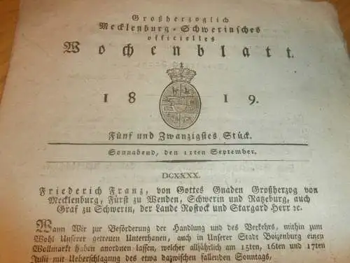 Mecklenburg - Schwerin 11.9.1819 , Wollmarkt Boizenburg , von Blücher auf Poggelow , Moltenow , Malchow , Sülz , Gneven