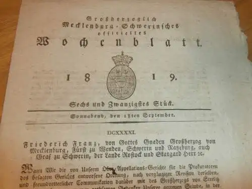 Mecklenburg - Schwerin 8.9.1819 , Ordnung , Gut Weisin b. Plau , Hagenow , Toddin , Gerichte  !!